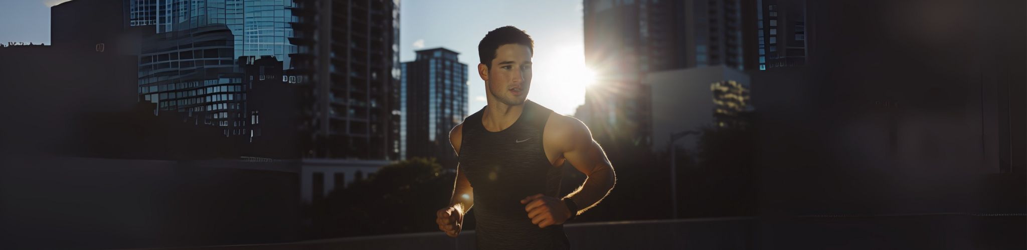 Man running on a rooftop with city skyline in the background