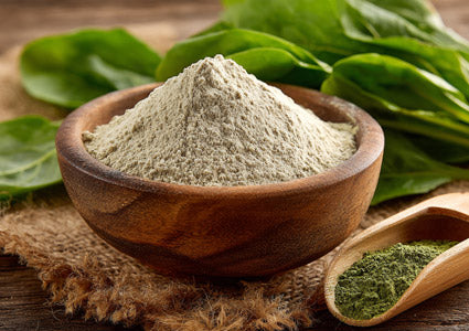 Folate powder in wooden bowl filled with green powder surrounded by fresh spinach leaves on a rustic background