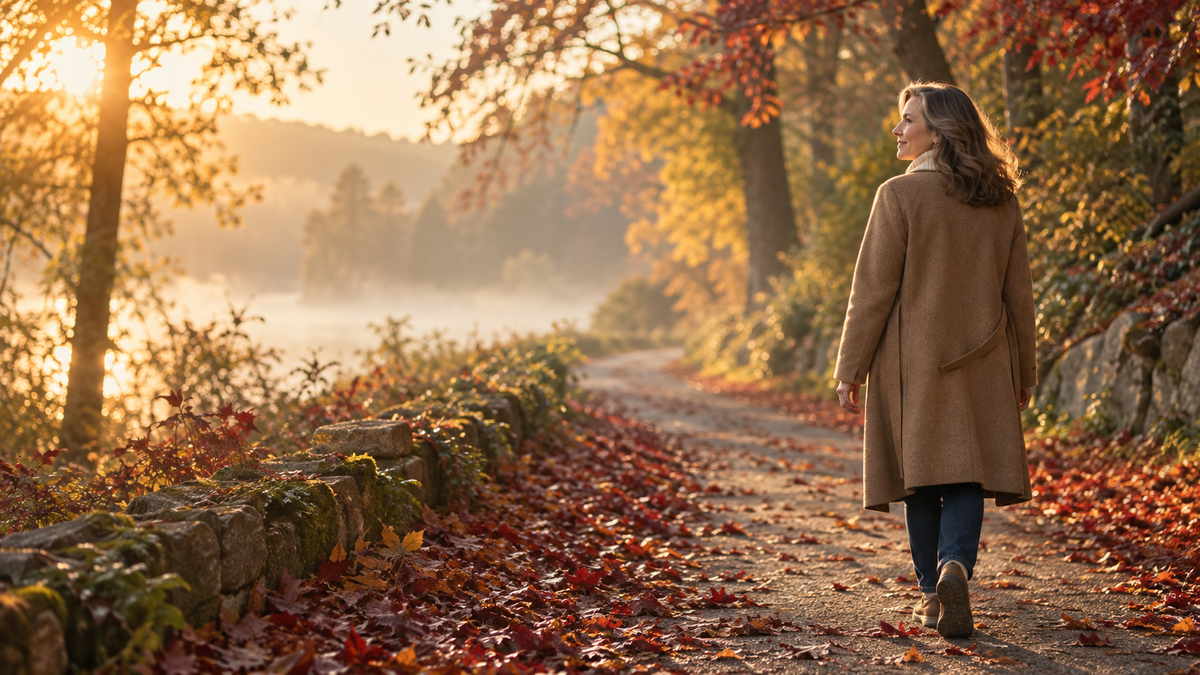 Woman walking a misty autumn trail at sunrise, supporting focus and mental clarity through movement and daily recovery