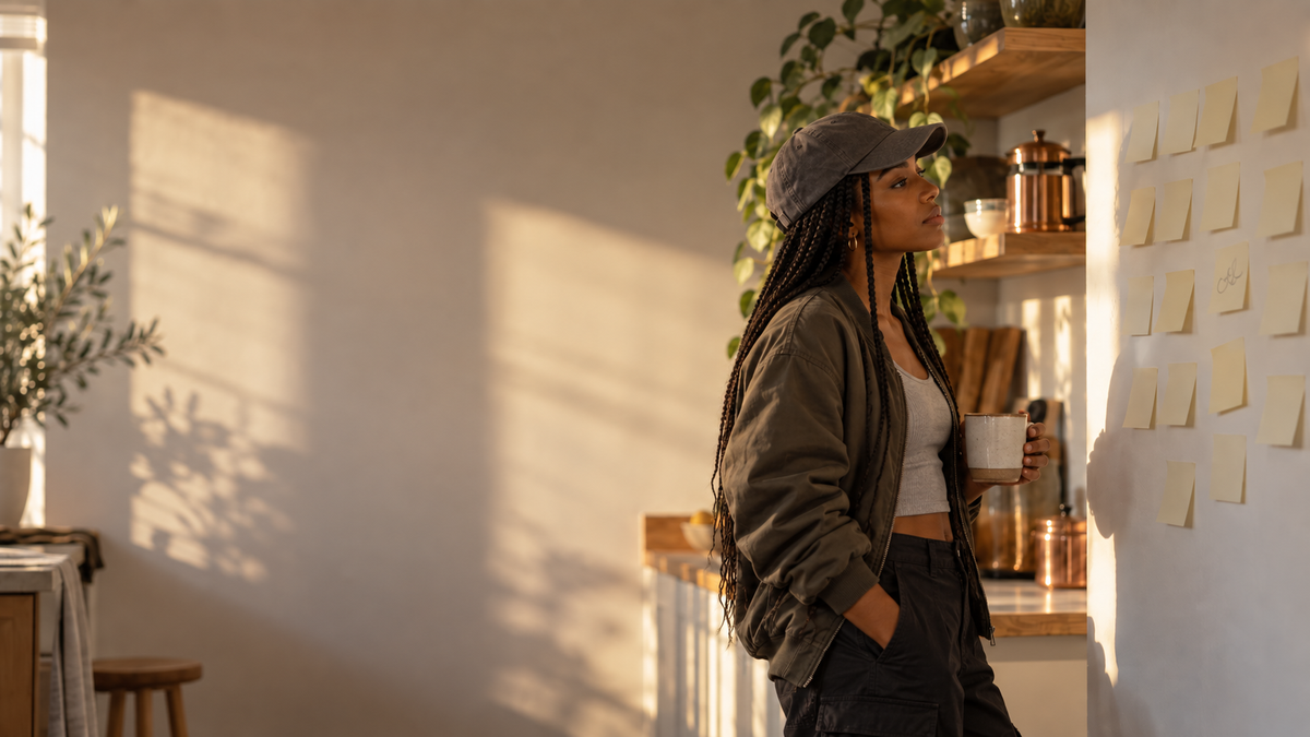 Woman holding a coffee mug and staring at a wall of blank sticky notes in warm afternoon light, stuck for new ideas after a deep flow state work session
