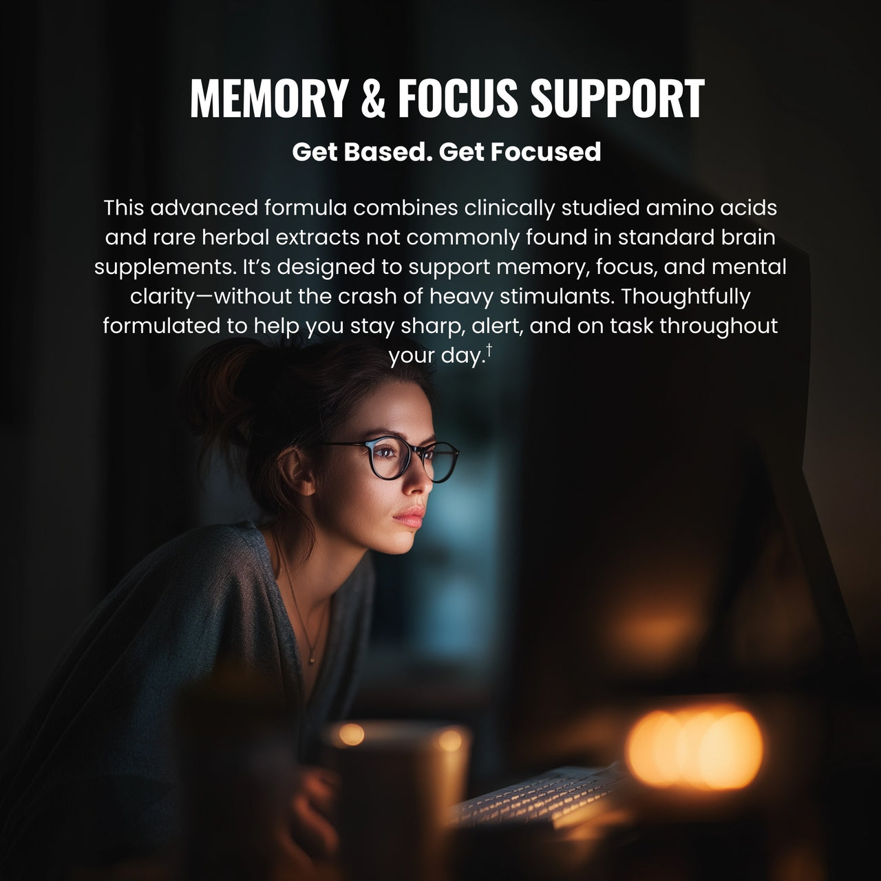 Person working on a computer with text about memory and focus support in the background