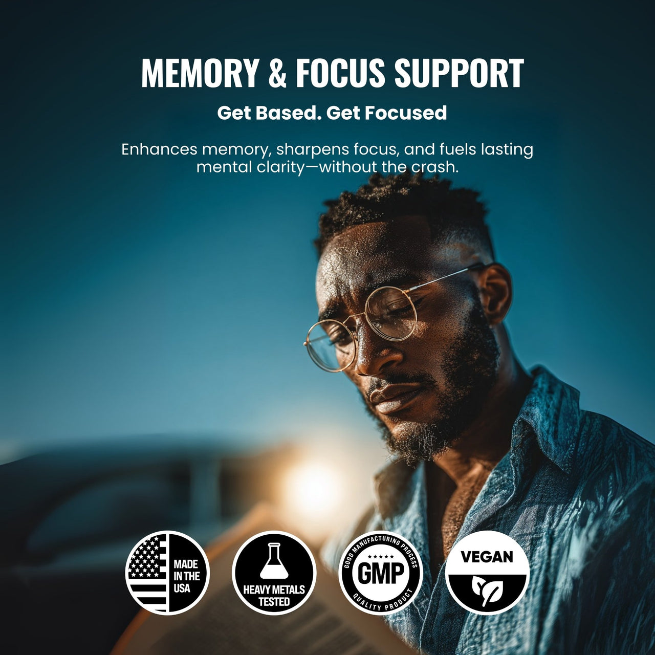 Man wearing glasses with text about memory and focus support, product certification logos, and a blurred background.