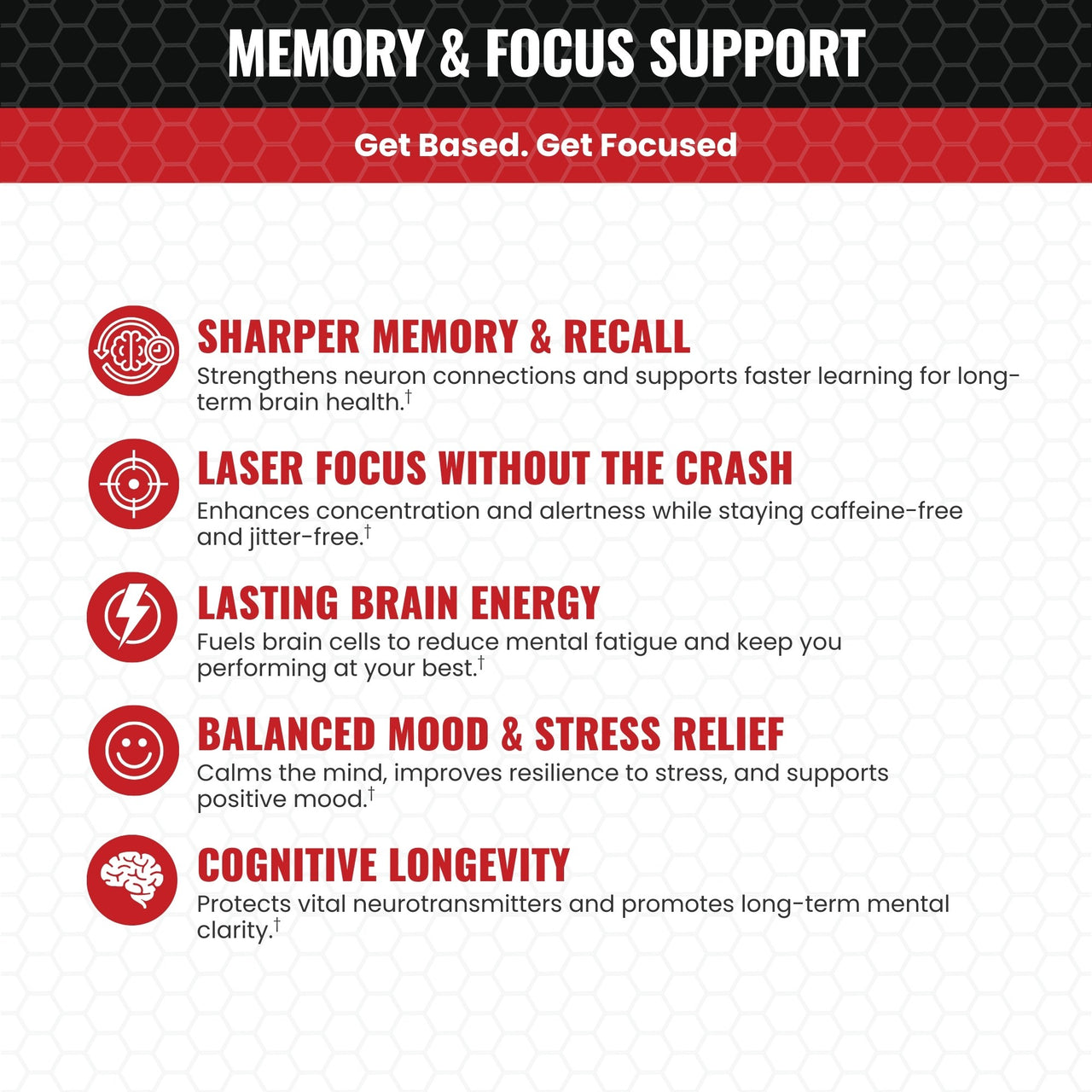 Product label for memory and focus support with red and white text on a black background