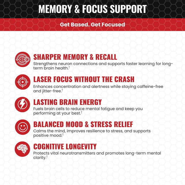 Product label for memory and focus support with red and white text on a black background