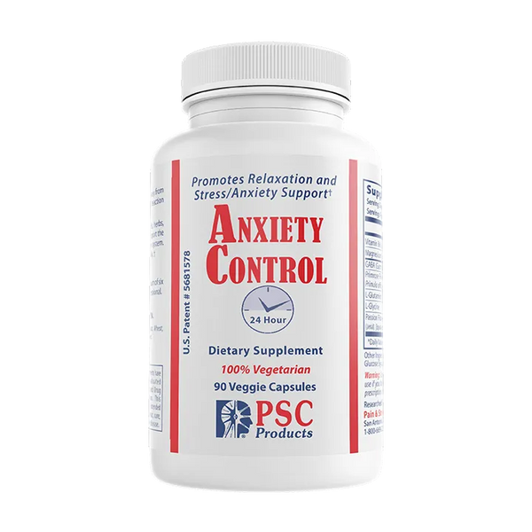 Dietary supplement bottle labeled 'Anxiety Control' on a white background