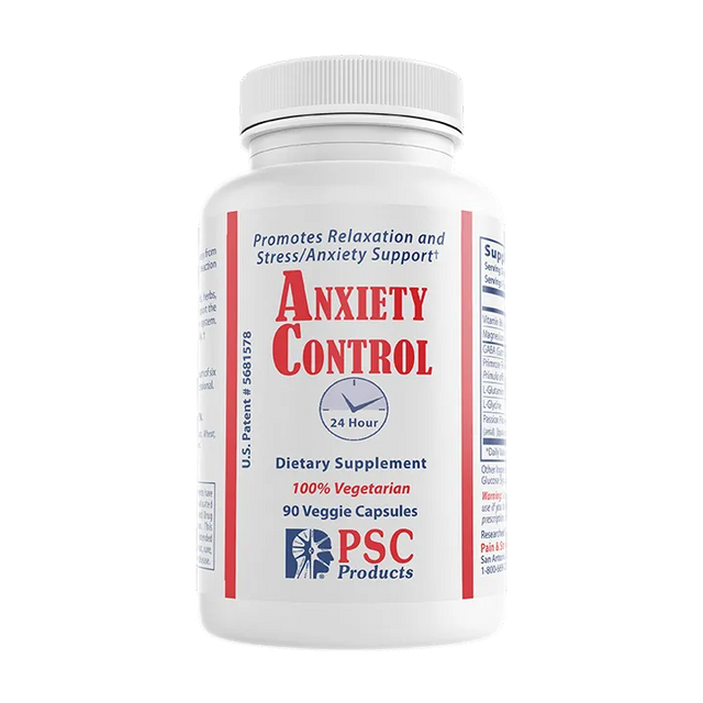 Dietary supplement bottle labeled 'Anxiety Control' on a white background