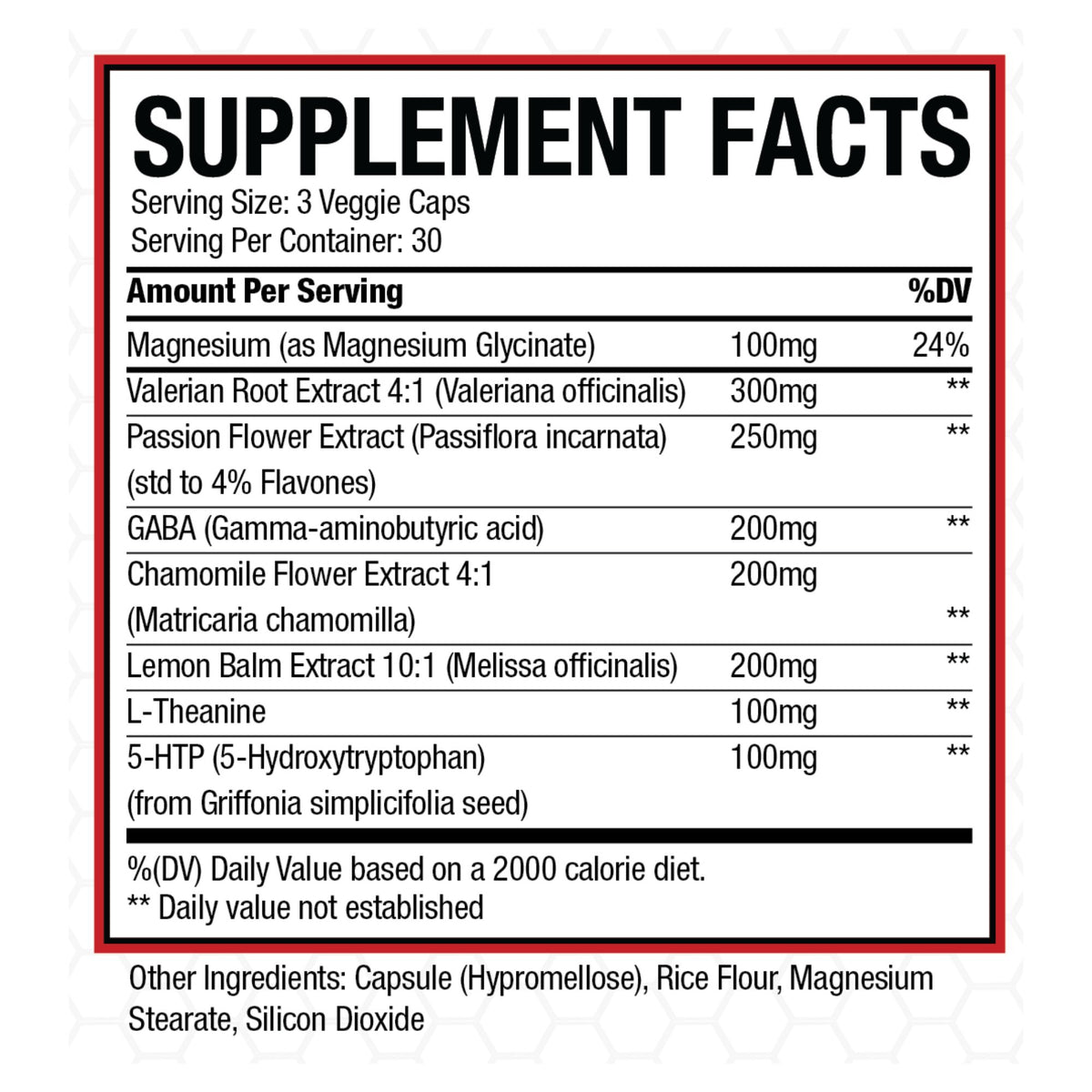 Supplement facts label with various extracts and their amounts per serving