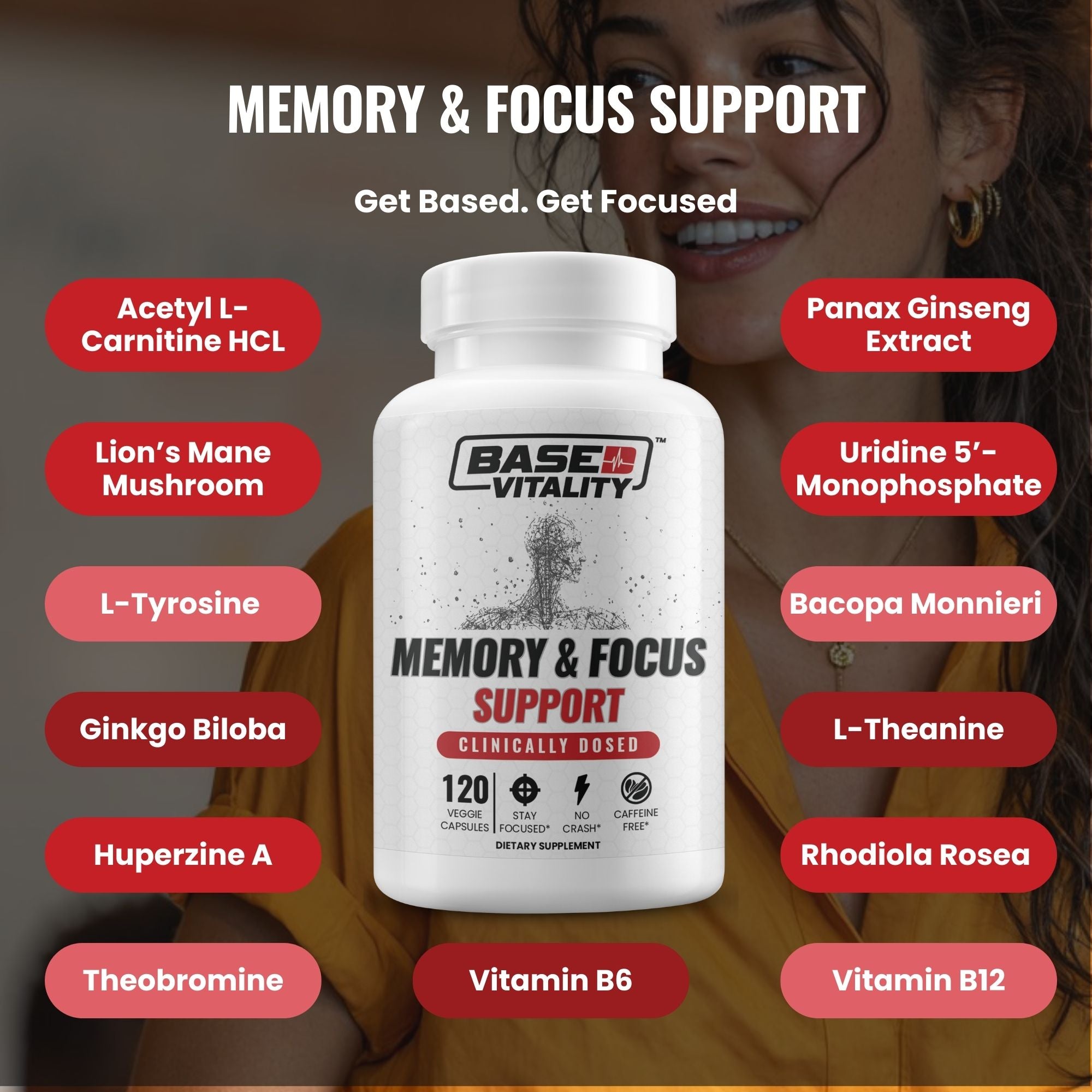 Base Vitality memory and focus support supplement bottle with ingredients listed on a blurred background of a woman.