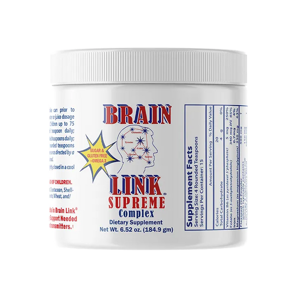 Dietary supplement container labeled 'Brain Link Supreme Complex' on a white background