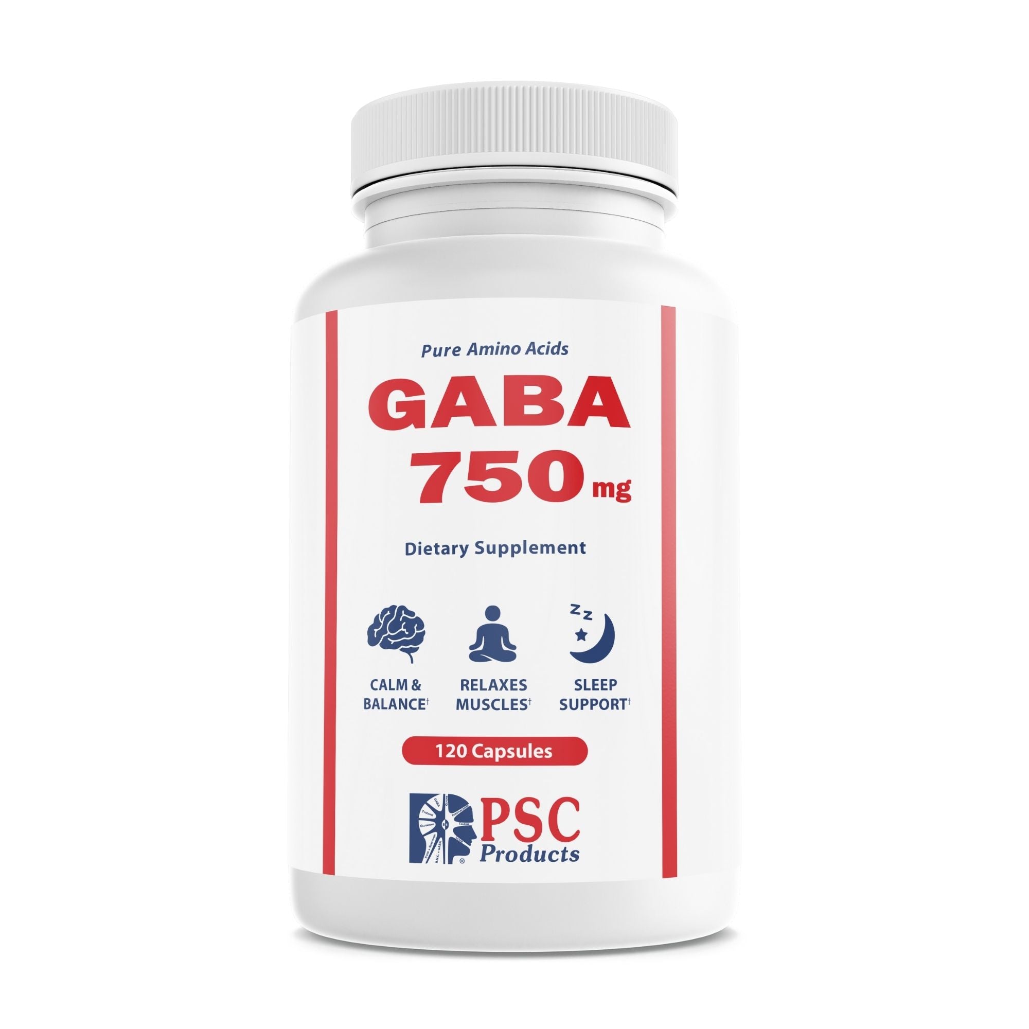 Supplement bottle labeled 'GABA 750 mg' with PSC Products logo on a white background