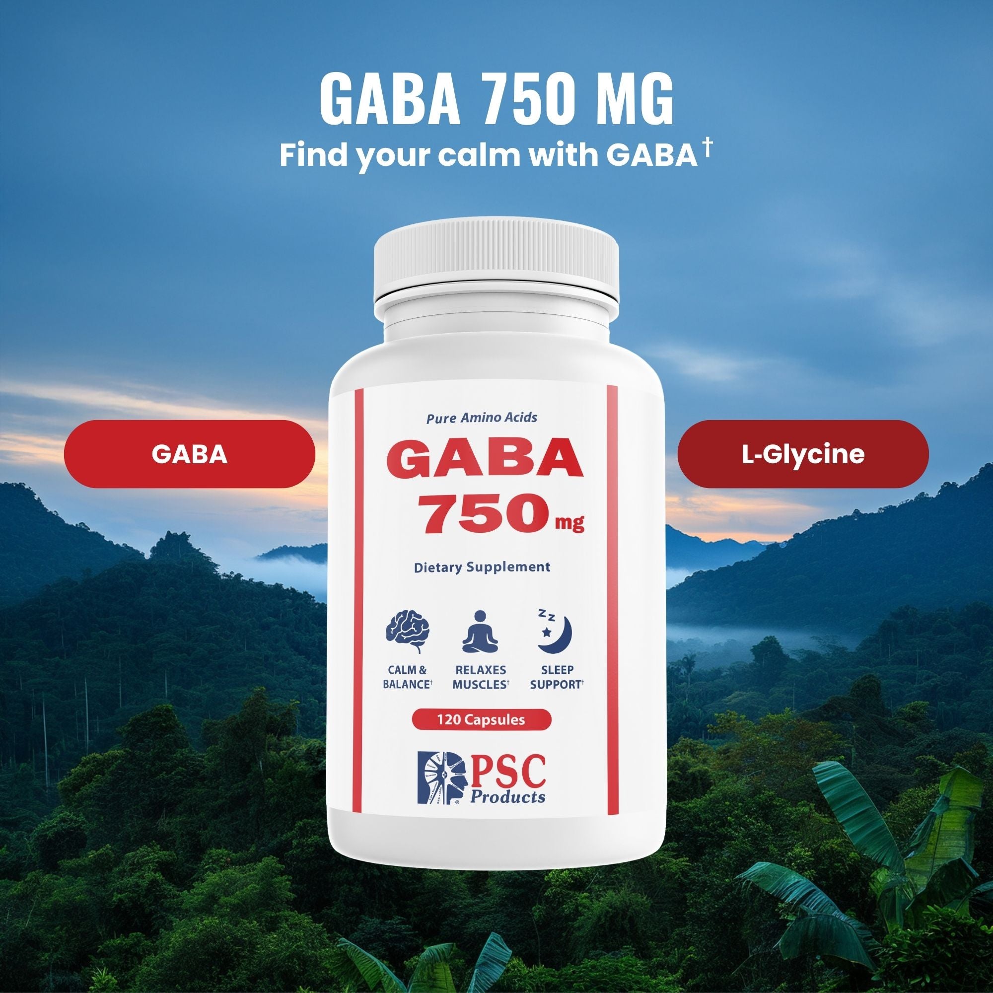 GABA 750 mg supplement bottle with mountain and forest background