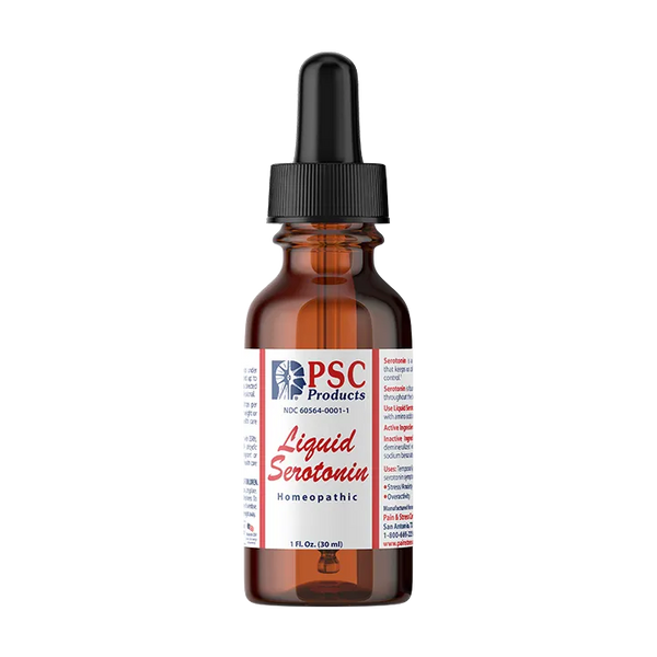 Brown glass dropper bottle labeled 'PSC Products Liquid Serotonin' on a white background