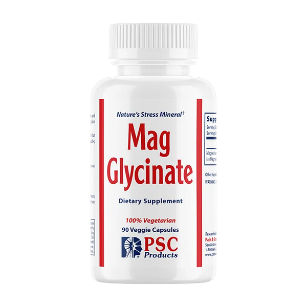Supplement bottle labeled 'Mag Glycinate' by PSC Products on a white background