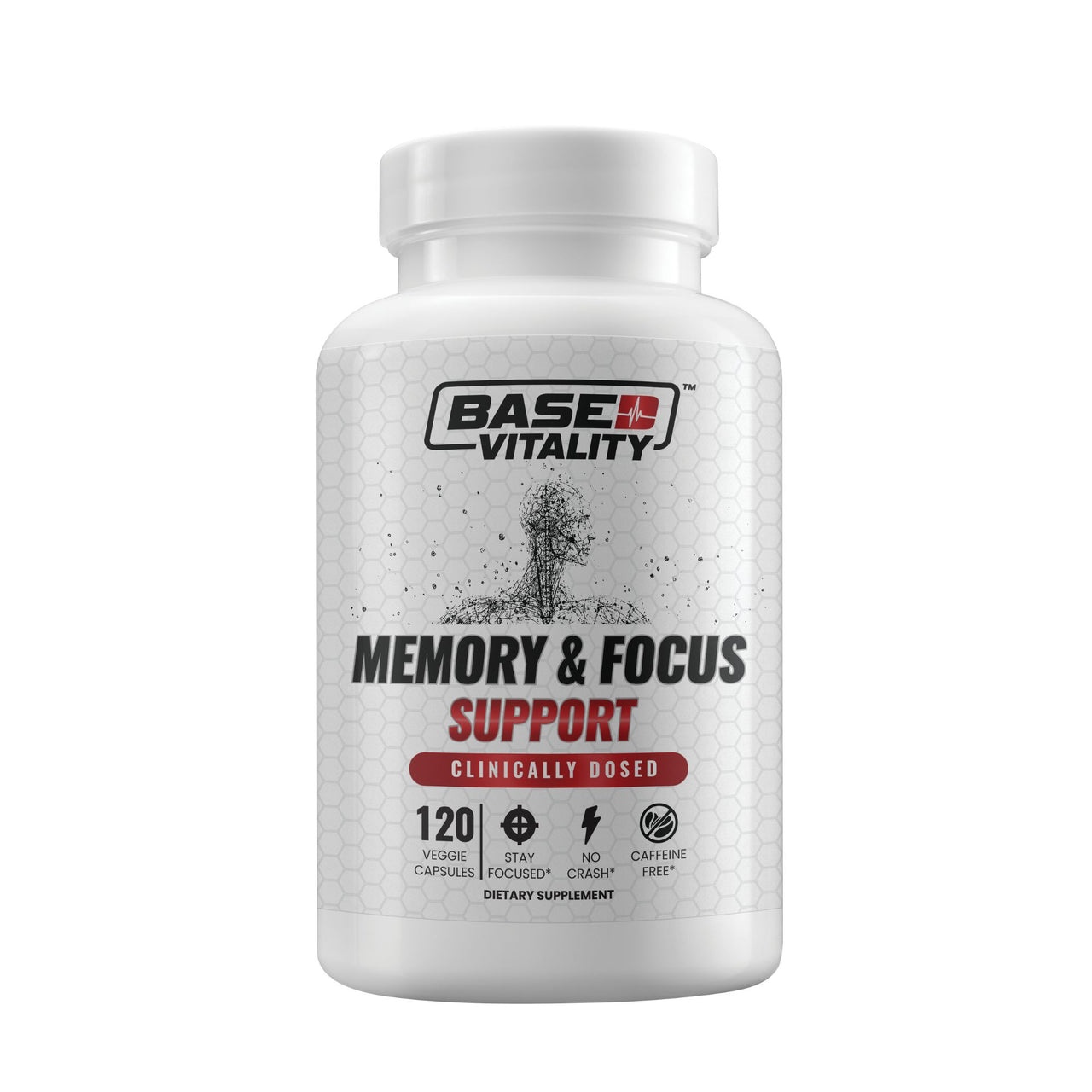 Supplement bottle labeled 'Memory & Focus Support' by Base Vitality on a white background