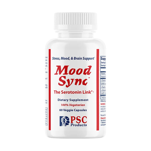 Bottle of Mood Sync dietary supplement on a white background