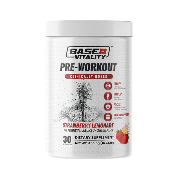 Base Vitality Pre-Workout supplement container on a white background
