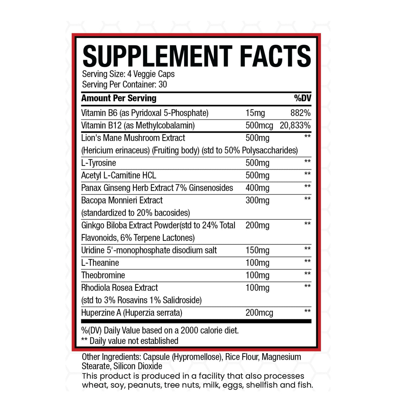 Supplement facts label with various vitamins and extracts on a white background