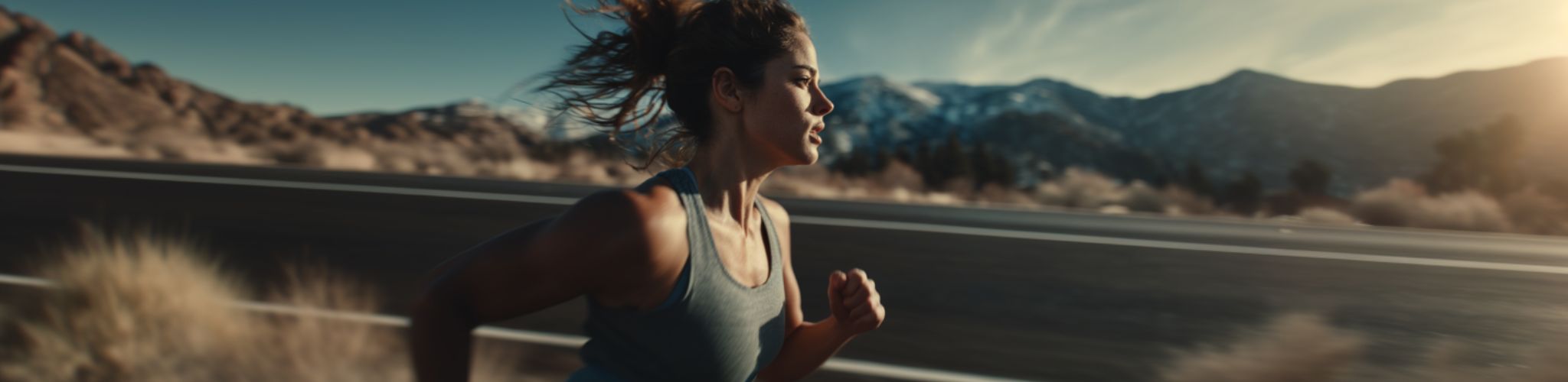 Woman running on a road with mountains in the background