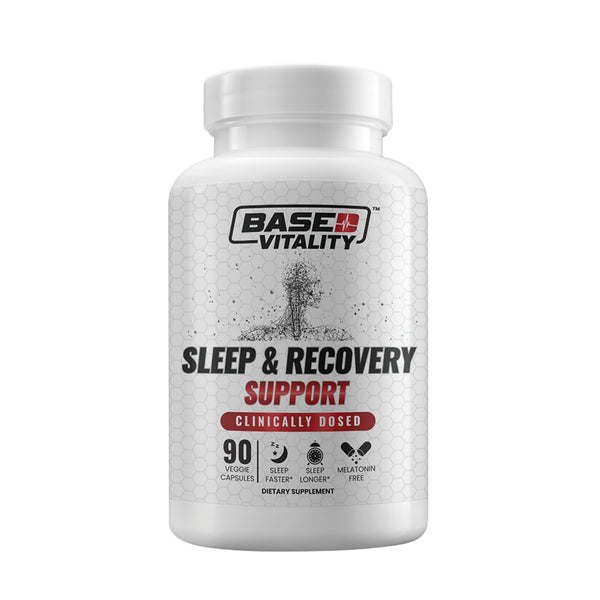 Supplement bottle labeled 'Sleep & Recovery Support' by Base Vitality on a white background