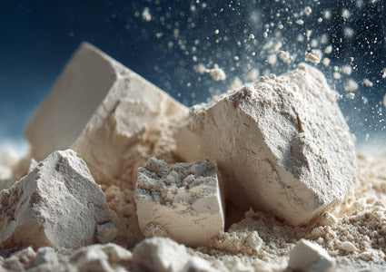Close-up of chunks of calcium with dust particles against a blue gradient background