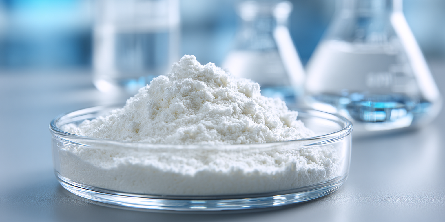 White powder in a glass dish with blurred laboratory equipment in the background